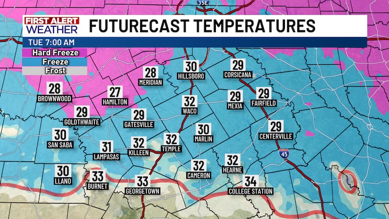 First Alert Futurecast Temperatures Tuesday Morning w/ Freeze Line
