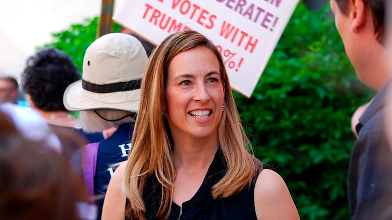 FILE- In this May 19, 2017, file photo, Mikie Sherrill joins protesters with NJ 11th for...