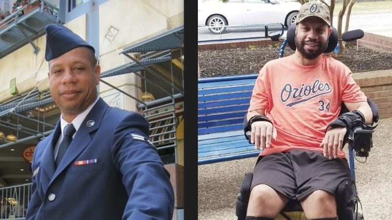 Air National Guard Staff Sergeant Ryan Carter is seen in uniform before spinal surgery (left)...