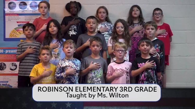 Today's pledge is brought to you by Ms. Wilton's class from Robinson Elementary.