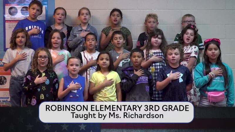 Today's pledge is brought to you by Ms. Richardson's class from Robinson Elementary.