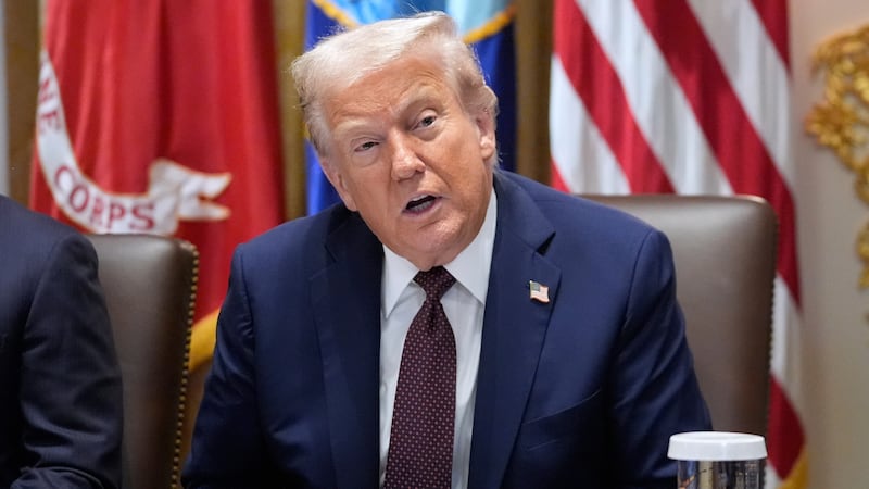 President Donald Trump speaks during a cabinet meeting, Tuesday, Aug. 26, 2025, at the White...